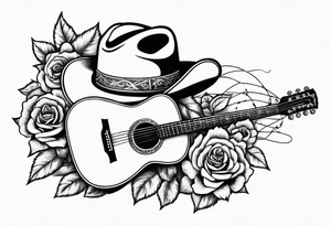 Country acoustic guitar with cowboy hat, barbed wire and roses in background tattoo idea