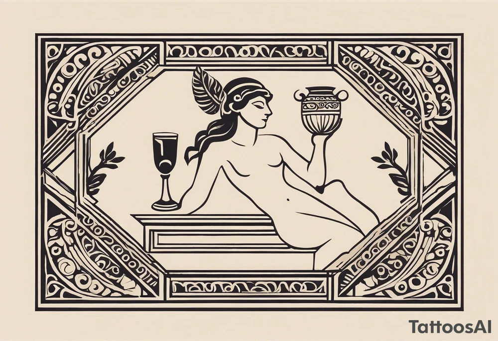"Craft a minimalist tattoo design in the style of ancient Greek art, featuring Dionysus with his affection for theater. Depict Dionysus in a simplified yet elegant form, reminiscent of classical Greek sculpture, holding a theatrical mask and a goblet of wine. Surround him with subtle geometric patterns or motifs inspired by ancient Greek pottery, such as meanders or key patterns. Ensure the design maintains a minimalist aesthetic while incorporating elements that evoke the sophistication and timelessness of Greek art, capturing Dionysus's connection to both wine and theater in a visually striking manner." tattoo idea