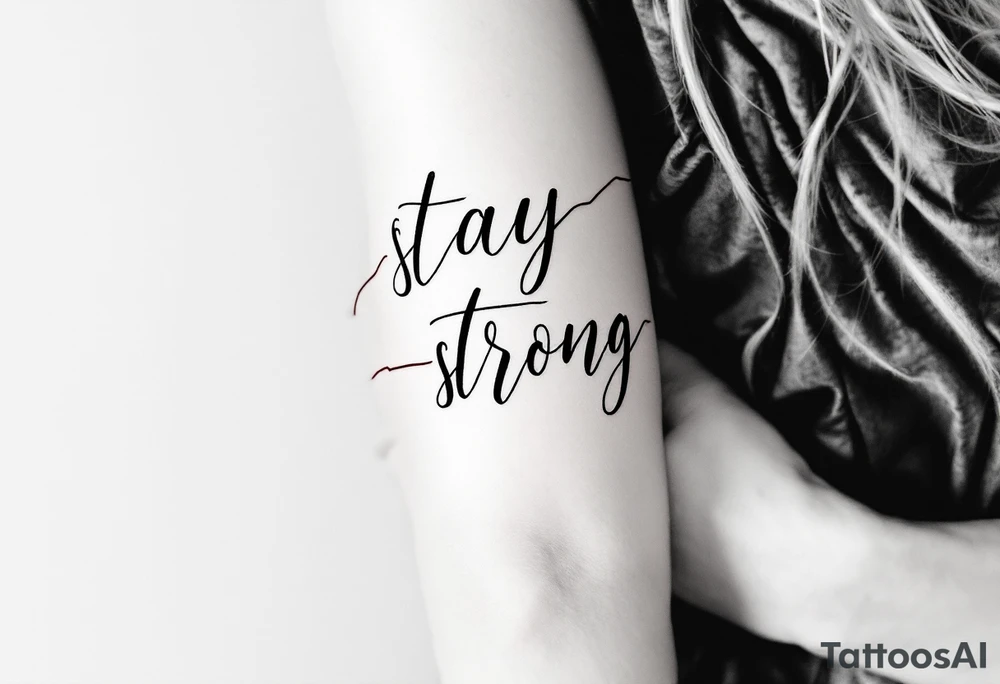 “Stay strong” in bold black script wrapped with a dark red heartbeat line. tattoo idea