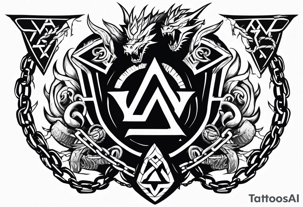 Valhalla sword shield dragon axe Valknut barbed wire chains fire tattoo idea Valhalla sword shield dragon axe Valknut barbed wire chains fire tattoo idea