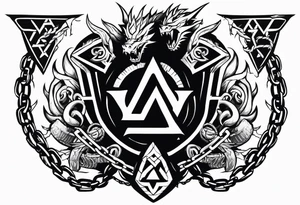 Valhalla sword shield dragon axe Valknut barbed wire chains fire tattoo idea