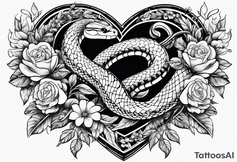 snakes wrapped around a heart with flowers tattoo idea