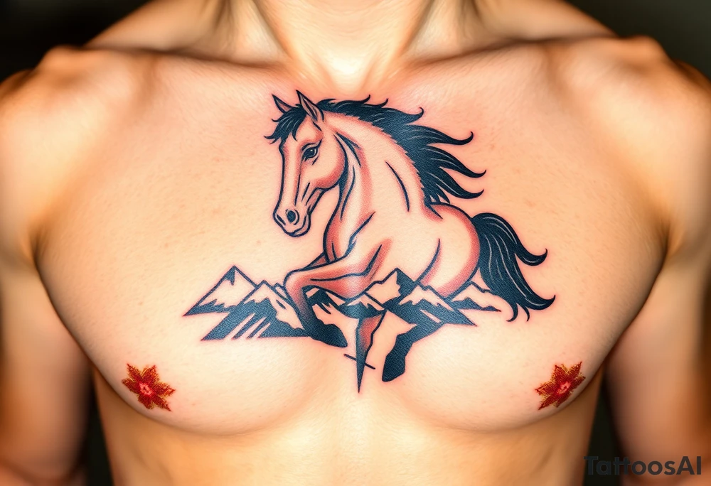 A golden mustang horse with black mane and leg. The mountains and nature should frame the design, blending with the horse's black fur as a base to represent the landscape. Experiment with using the black fur to shape the mountains, playing with edges or interior details. tattoo idea