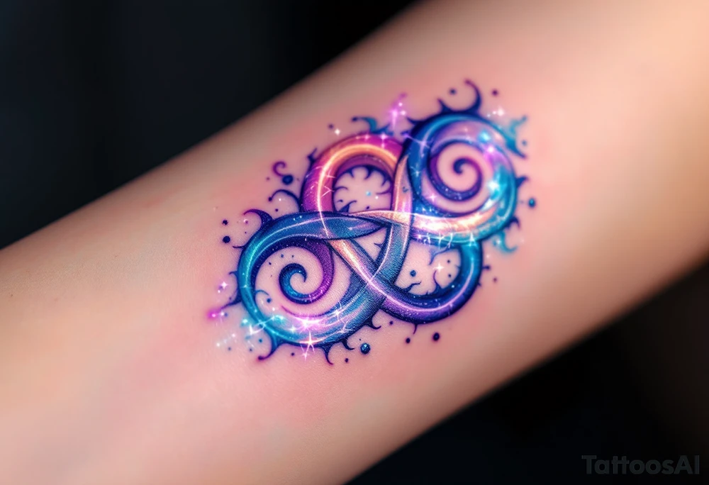 A glowing three triskelion spirals design with purples, blues, and pinks, creating an ethereal, dreamlike effect. tattoo idea