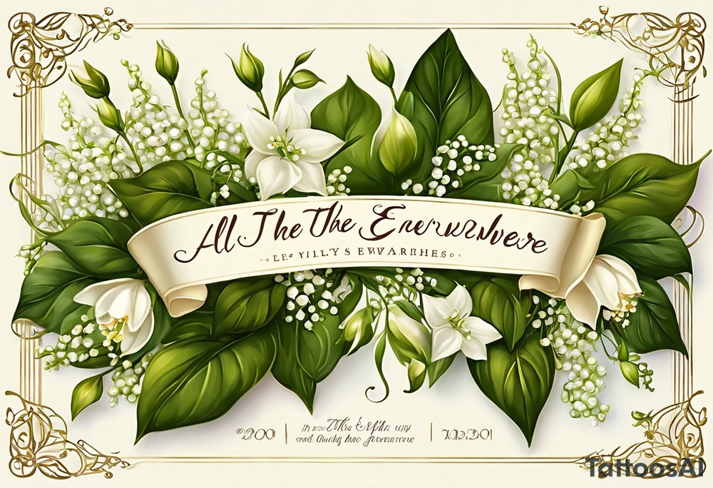 The words "All the things. Everywhere." elegantly written in a stylish script font, with intricate decorative elements like vines or leaves intertwining among the letters. Integrated or behind is a cluster of Lily of the Valley flowers representing May and Larkspur flowers or a small bouquet of Larkspur blooms to symbolize July. The Larkspur could be depicted in shades of blue, pink, or purple, showcasing the flower's symbolic meanings of positivity and lightness.

The overall design could be framed with subtle, flowing lines to enhance the natural and organic feel of the tattoo. tattoo idea