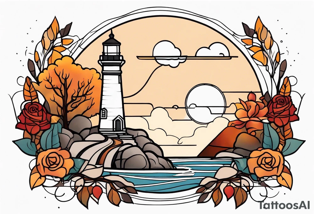 thigh tattoo in fall colors, showing lighthouse, water flow, rocks, sky, clouds, leaves, roses tattoo idea