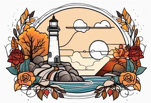thigh tattoo in fall colors, showing lighthouse, water flow, rocks, sky, clouds, leaves, roses tattoo idea
