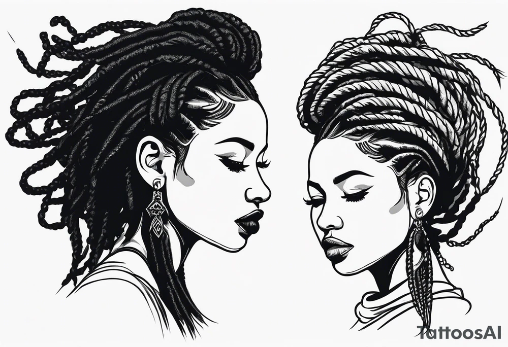 Draw a women head with real dread locks flying in the air tattoo idea