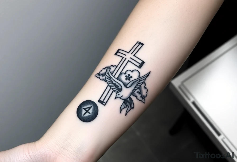 Big cross with clouds in the back with a dove a the bottom left of the forearm with a blue circle around it and the number 4 to the of the dove. tattoo idea