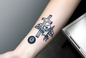 Big cross with clouds in the back with a dove a the bottom left of the forearm with a blue circle around it and the number 4 to the of the dove. tattoo idea