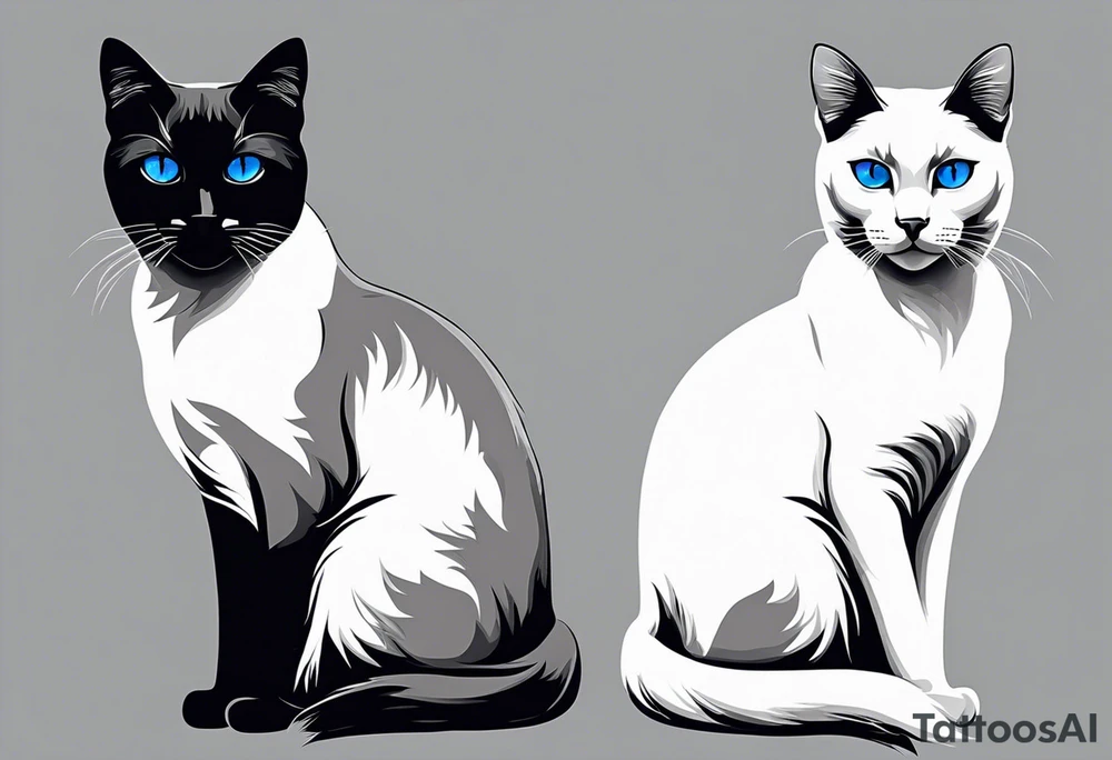 Two cats. One is medium length black and white fur, the other is a medium gray Siamese with blue eyes that are slightly crossed. tattoo idea