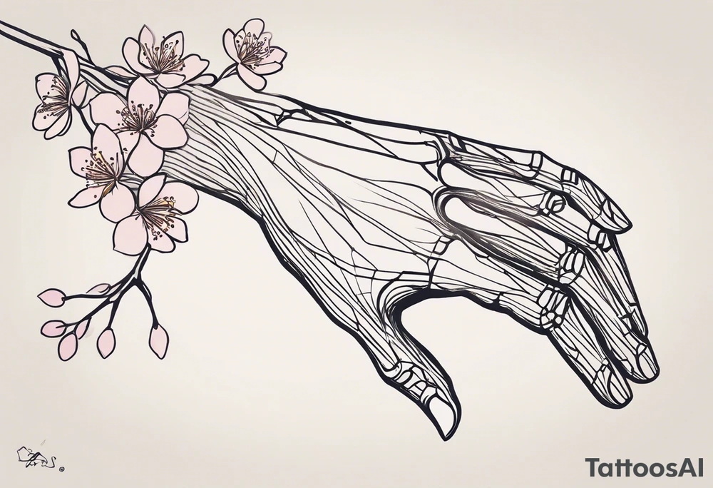 Sure thing! To guide the AI in drawing your tattoo design, you can provide step-by-step instructions like this:

1. Start by drawing a human hand pointing at a skeleton hand on the left shoulder.
2. From the wrist of the human hand, draw a cherry blossom branch sprouting out.
3. Let the branch travel down the arm, wrapping around the bicep once.
4. Narrow the branch to fit through a 7 cm gap on the forearm.
5. Finally, end the branch in a 10 cm gap on the wrist, adding more blossom flora to complete the design.

These detailed instructions should help the AI create a visual representation of your envisioned tattoo. tattoo idea