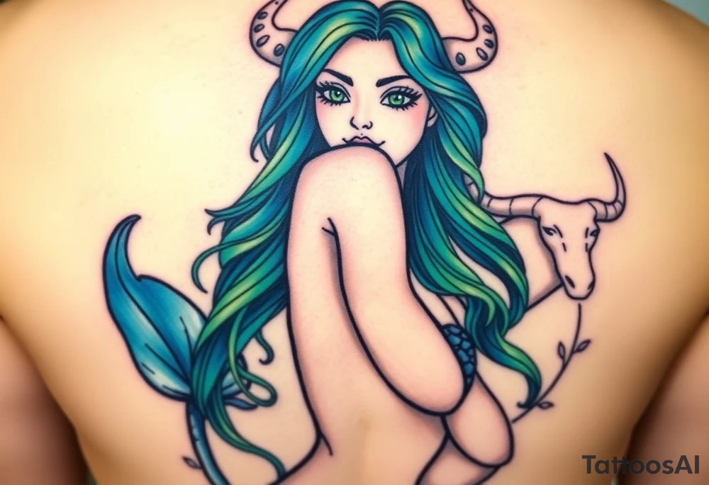 Create a tattoo design of a mermaid in a pin-up style. She should have a blue and green tail,  colorful hair, green eyes. I’d like her in a scene with the zodiac signs of Piscis and Taurus represented. She should look happy and blissful. Colors should be vibrant with soft lines tattoo idea
