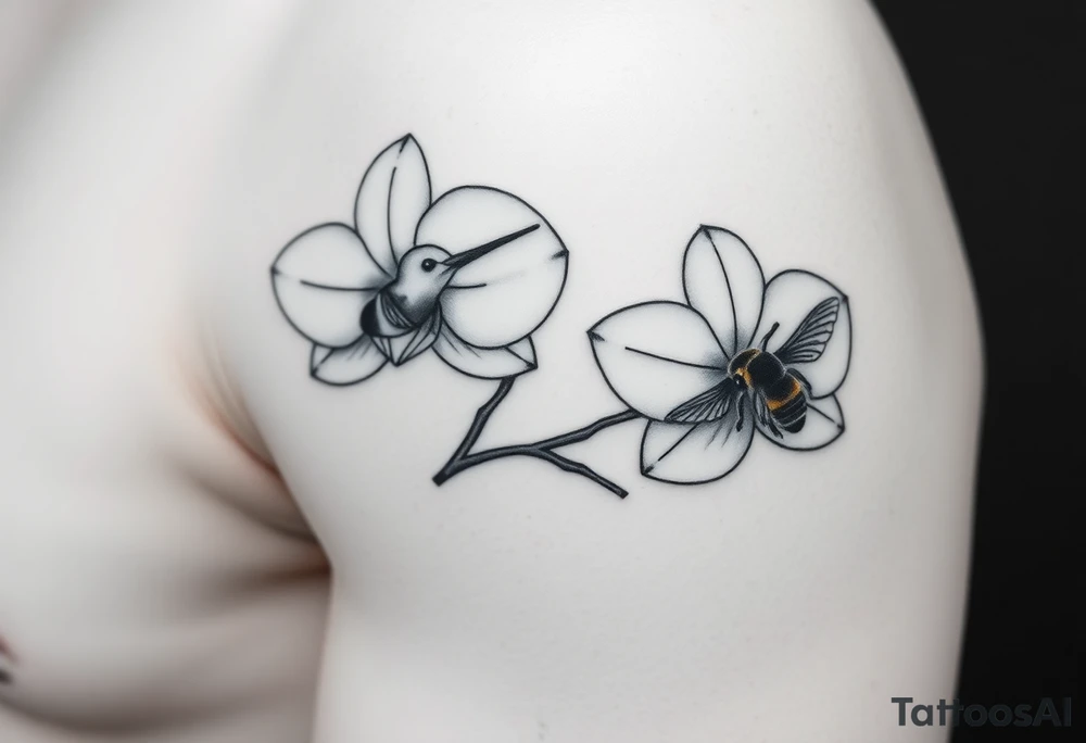 A delicate, black and white fine-line tattoo for male, featuring gracefully detailed 2 orchids in full bloom including their stems, with soft, intricate petals and elegant curves. Beside it, a hummingbird hovers mid-flight, its wings drawn with subtle motion lines, its slender beak reaching toward the orchid’s center to drink its nectar. on the other flower there is a bee that is resting tattoo idea
