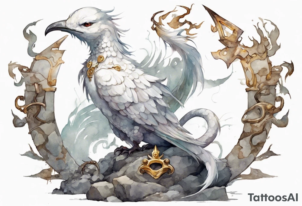 a white bird-serpent hybrid, wearing a iron crown, sitting on a stone tattoo idea