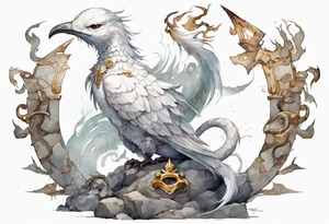 a white bird-serpent hybrid, wearing a iron crown, sitting on a stone tattoo idea