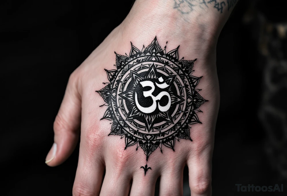 wheel of Dharmachakra with an ohm symbol in the middle tattoo idea