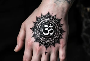 wheel of Dharmachakra with an ohm symbol in the middle tattoo idea