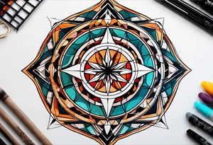 5 interlocking circles, surrounded by hollow triangles, straight lines connecting all shapes tattoo idea