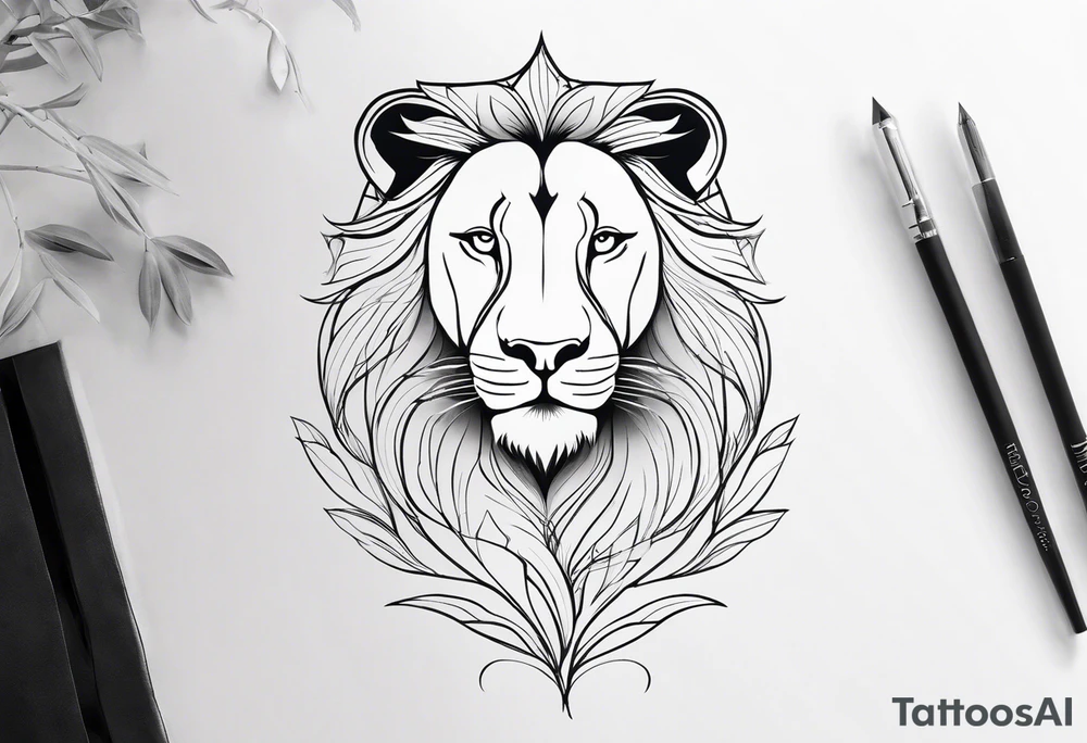Minimalist black and white tattoo design for the calf featuring a lion, lioness, and lion cub. The lion faces upward towards the sky, looking in the opposite direction of the lioness. The lion cub is positioned below them, looking up. The design has a feminine touch with simple lines and elegant curves, focusing on the emotional connection between the three animals. tattoo idea