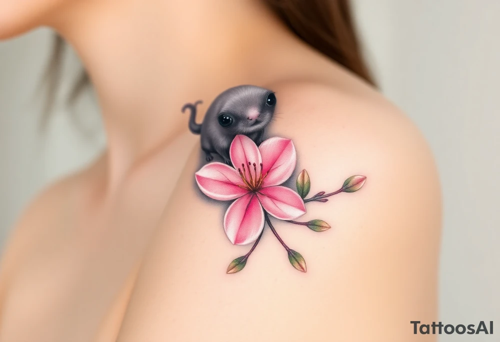 A soft watercolor-style mole holding a delicate pink cherry blossom, with gentle pastel tones and a dreamy aesthetic tattoo idea