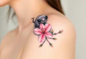 A soft watercolor-style mole holding a delicate pink cherry blossom, with gentle pastel tones and a dreamy aesthetic tattoo idea