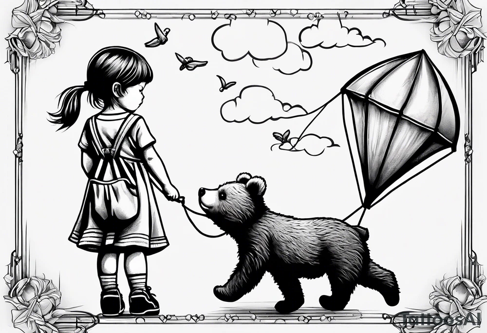 back image of a little girl in a dress, flying a kite and a teddy bear in overalls, standing beside her tattoo idea