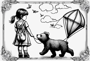 back image of a little girl in a dress, flying a kite and a teddy bear in overalls, standing beside her tattoo idea