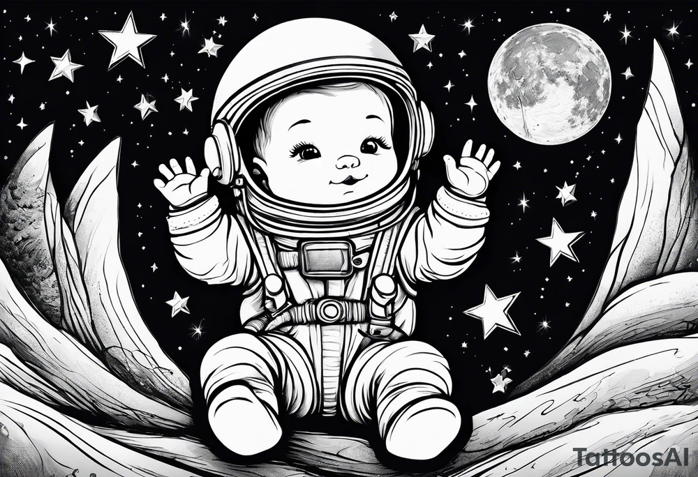 Baby Astronaut sitting on the moon reaching for the stars tattoo idea