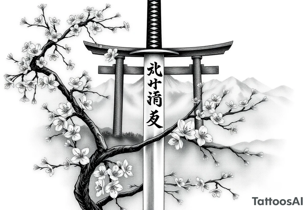 This is a black and gray realism tattoo rooted in discipline, duality, and intention. The centerpiece is a vertical katana, modeled after your original ink, clean and upright like a spine—symbolizing focus, precision, and grounded energy. It’s wrapped in the flowing limbs of a sakura tree, not as an accessory, but as an extension of the blade itself—representing beauty that blooms in adversity. Cherry blossoms aren’t scattered for aesthetics—they move with the wind, some drifting in the foreground, others clinging to the sword like it’s their protector. Behind it all sits a misty torii gate and layered mountains, giving the piece weight, history, and spiritual context. The kanji 平和の剣 (“Sword of Peace”) rides the piece vertically, not slapped on but earned—a message that resonates from the blade outward. The shading is deep and unifying, giving everything one breath, one tone, one story. Nothing floats, nothing competes. The sword doesn’t dominate the art—it becomes the axis around which peace, nature, and power orbit. tattoo idea