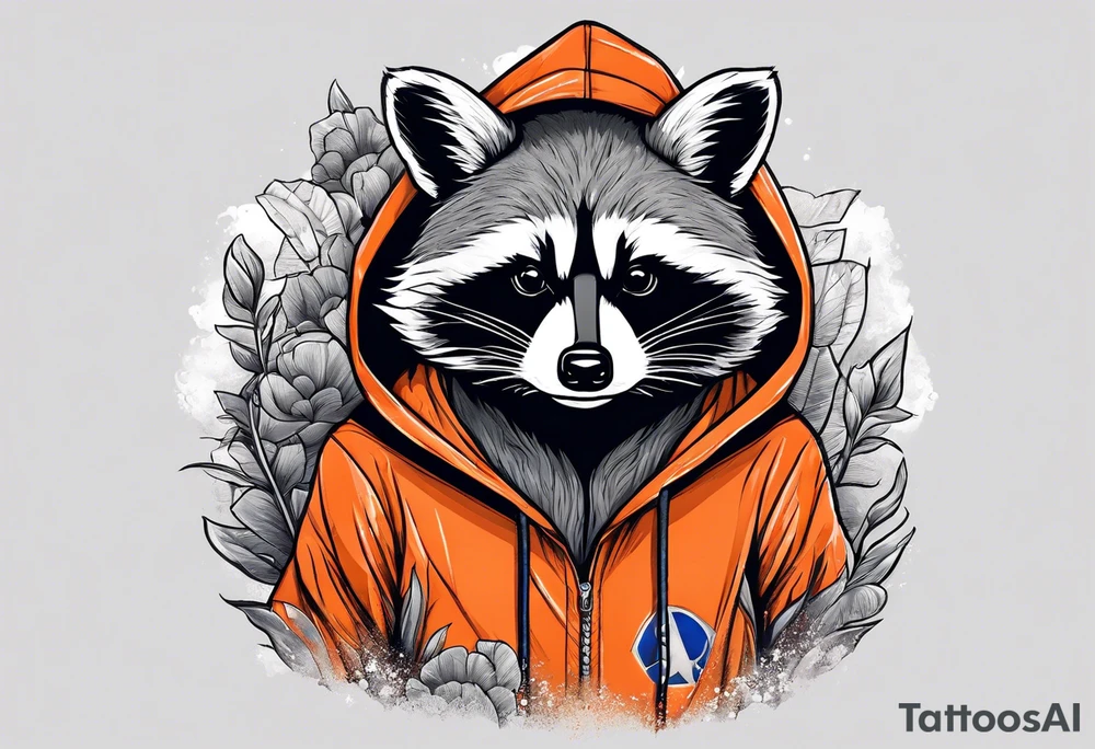 Raccoon wearing an orange Superman hoodie tattoo idea
