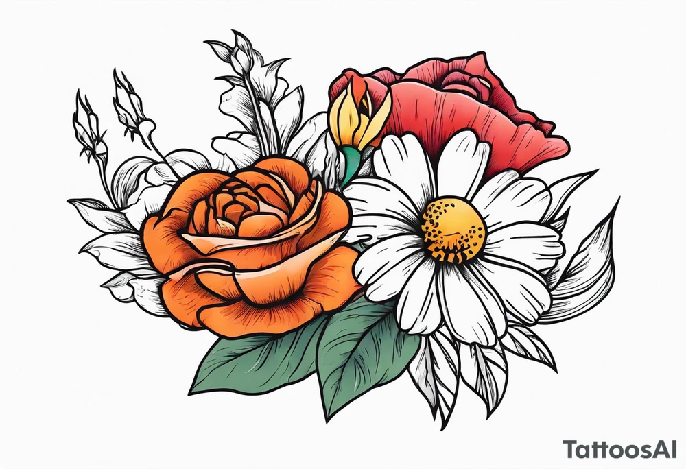 A daisy and a rose with gladiolus flowers and poppies weaving through tattoo idea