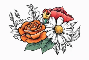 A daisy and a rose with gladiolus flowers and poppies weaving through tattoo idea