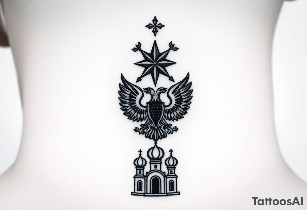 Stacked Vertical Column 

Russian star — small, bold
Middle: Miniature double-headed eagle — simplified, cleaner lines to suit the smaller space
Bottom: Orthodox church dome(s) with a small Virgin Mary silhouette beneath tattoo idea