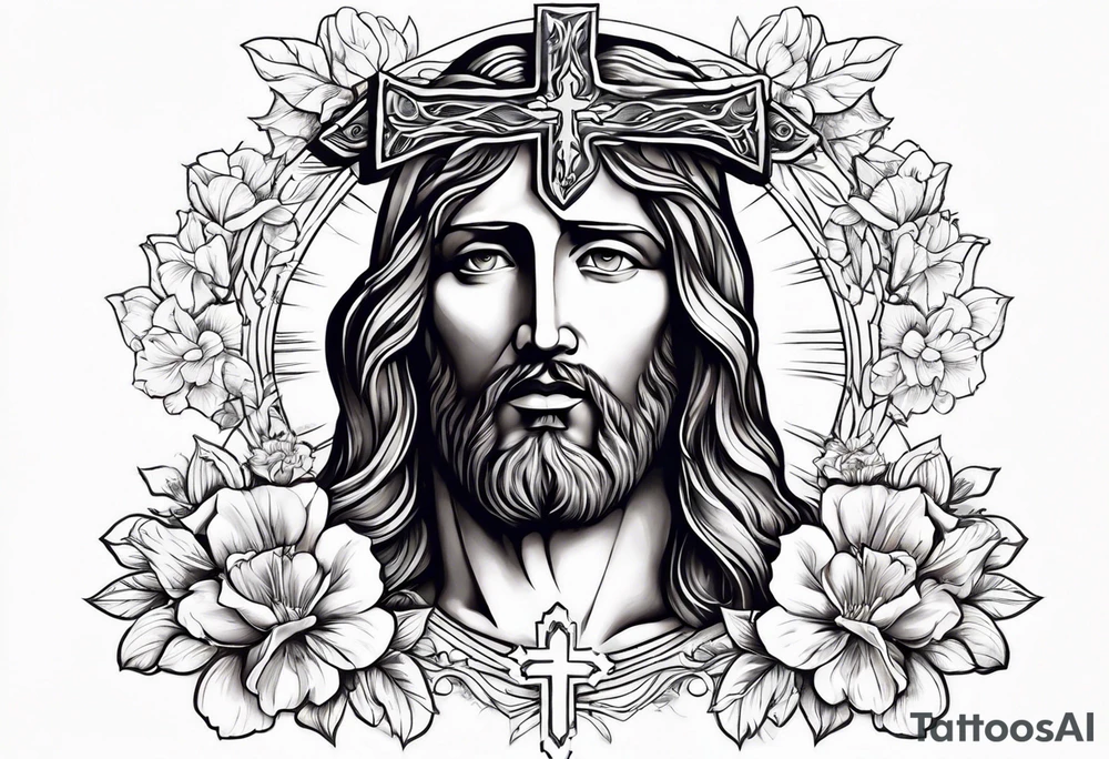 Jesus head with flowers and cross with light shining on him tattoo idea