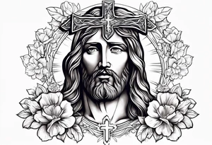 Jesus head with flowers and cross with light shining on him tattoo idea