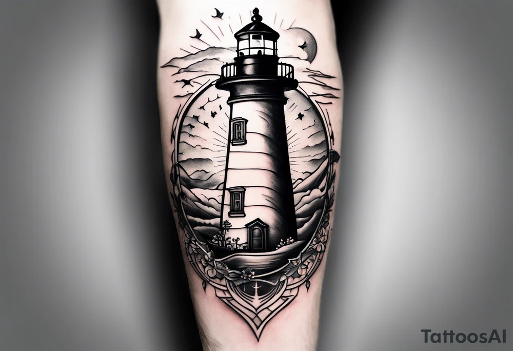 minimalist open book with a lighthouse in the middle and a compass to wrap around forearm tattoo idea