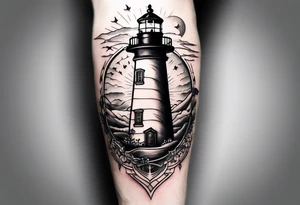 minimalist open book with a lighthouse in the middle and a compass to wrap around forearm tattoo idea