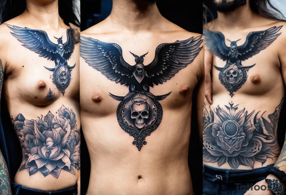 black kali, goddess pirate, alien, angel, pachamama, valkrye, warrior, flying, skull, lotus azul, wing, eagle, zenza resonance, stars, 5D, anahata chakra, death, durga, riding on a tiger, flying lady, chest tatoo tattoo idea