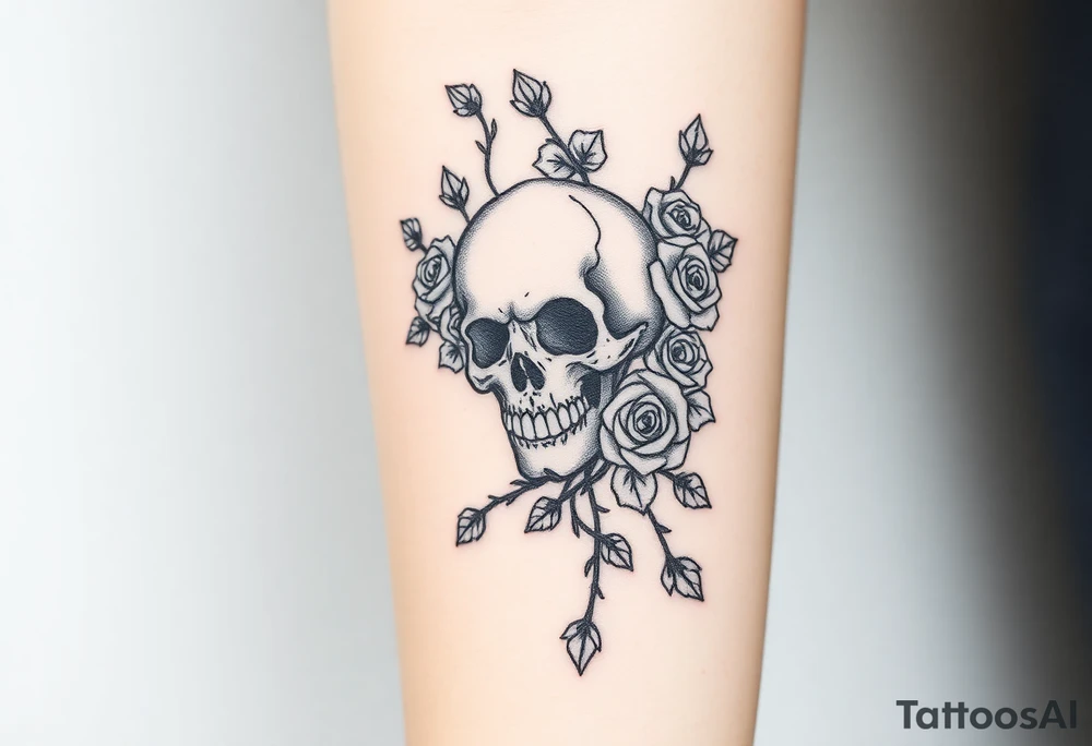 gothic skull intertwined with climbing roses and thorny vines tattoo idea