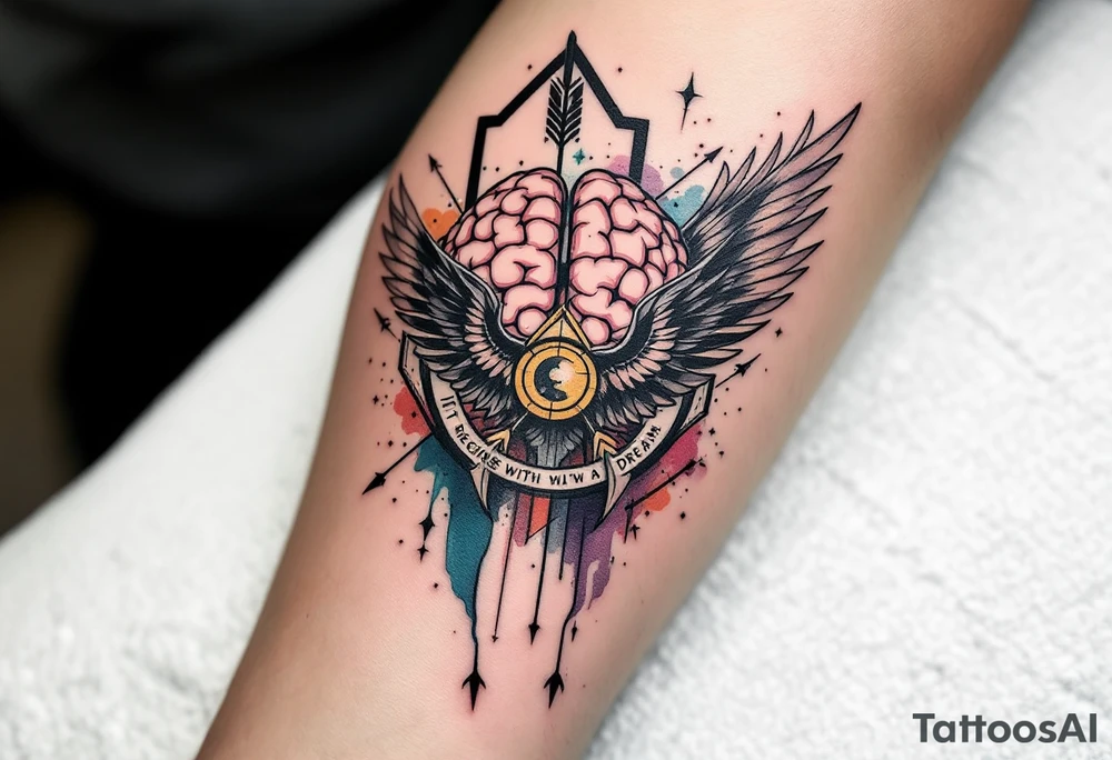 Tattoo inspired in the gifted brain in geometric and straight lines, with few watercolor details but mostly black, symbols representing intelligence, creativity and dreaming flying arround, the phrase "It begins with a dream", raven wings behind, and an arrow crossing from above, and watercolors leaking of it tattoo idea
