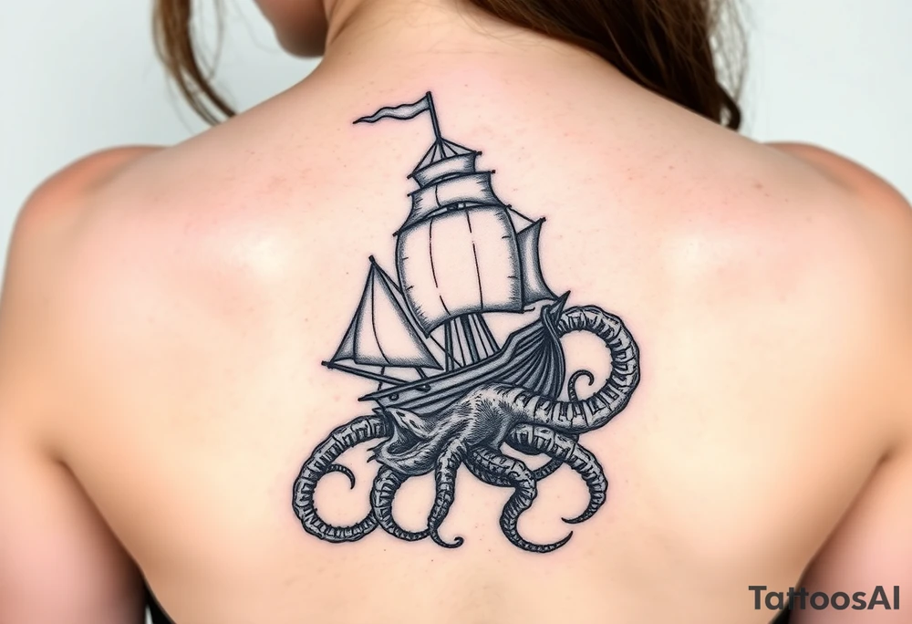female side and hip tattoo pirate ship getting sunk by the kraken tattoo idea