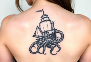 female side and hip tattoo pirate ship getting sunk by the kraken tattoo idea