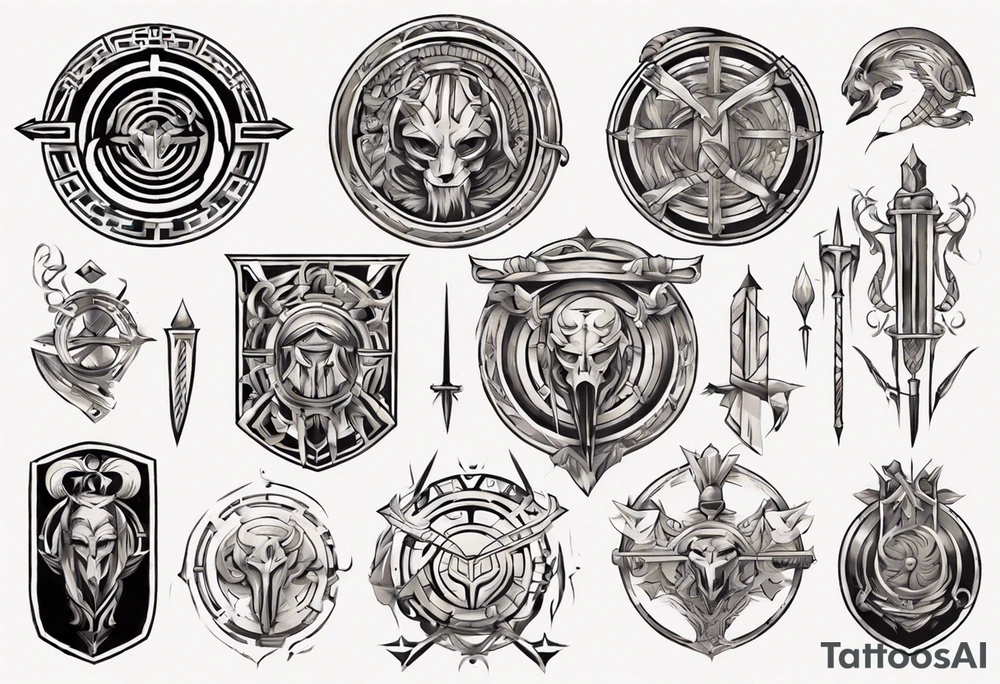 rectangle-long tattoo within a half-circle configuration with a shield and spear with ancient Greek art intertwined tattoo idea