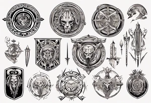 rectangle-long tattoo within a half-circle configuration with a shield and spear with ancient Greek art intertwined tattoo idea