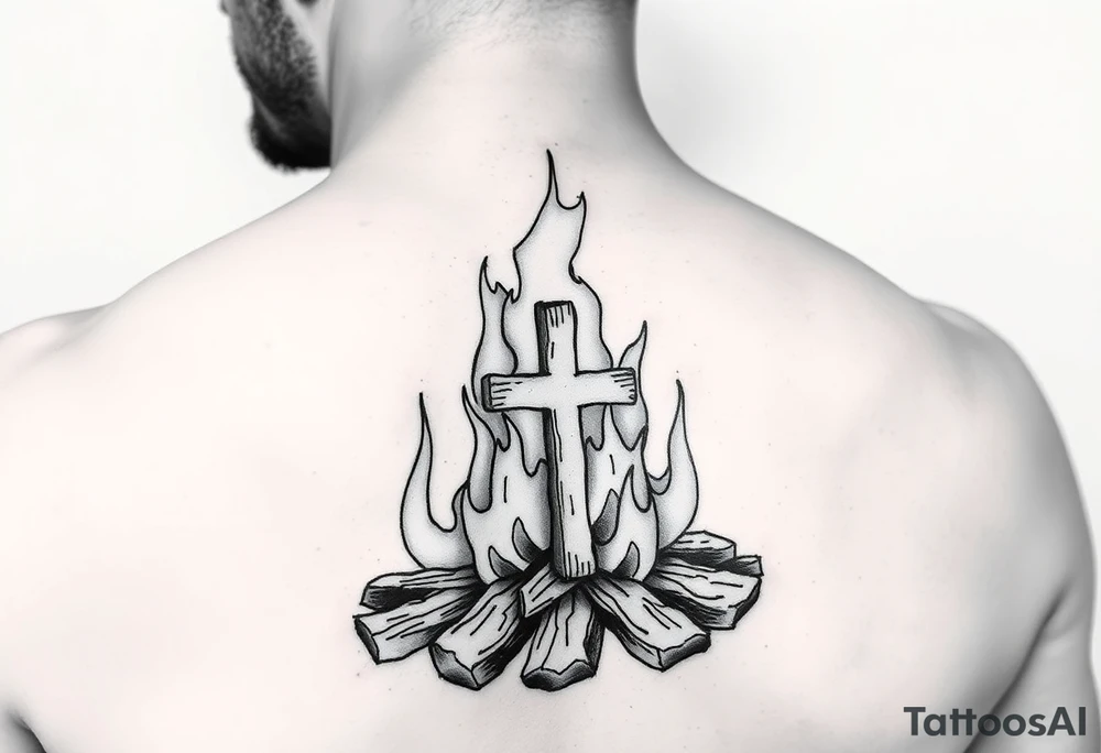 Campfire with a cross hidden in the flames tattoo idea