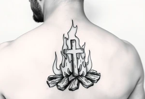Campfire with a cross hidden in the flames tattoo idea