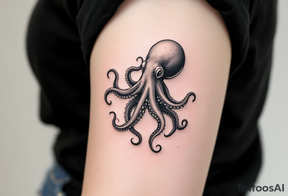 A small realistic black and grey tattoo of an octopus, with detailed shading and soft linework, showing the octopus with swirling tentacles, on light skin. The style is minimalistic and elegant, resembling fine-line tattoo with a shadow tattoo idea