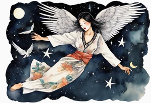 a beautiful 55 year old Dakota woman wearing a tunic, flying in the night sky with black wings, bare feet tattoo idea