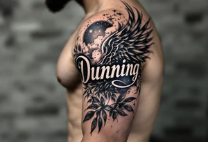 Dunning, Details include on left arm, name in white color,angel wing, wet jungle leaves,cool font, galaxy background filling, tattoo idea